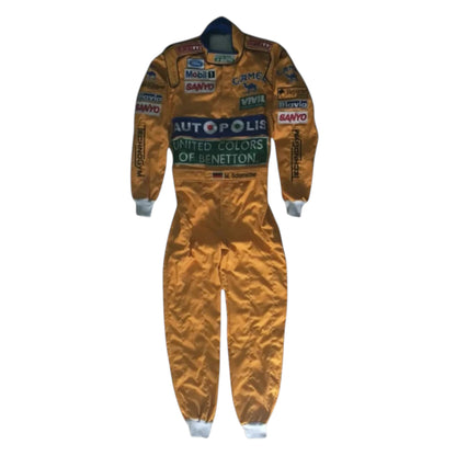 Michael Schumacher 1991 Benetton F1 Racing Suit featuring iconic yellow Benetton racing graphics and authentic sponsor detailing