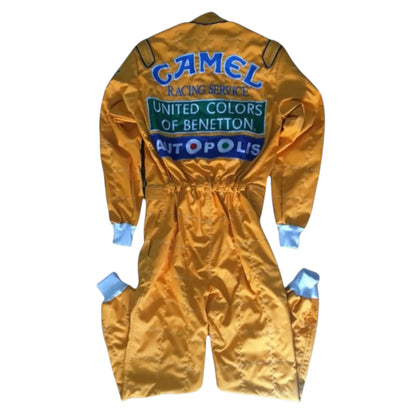 Michael Schumacher 1991 Benetton F1 Racing Suit featuring iconic yellow Benetton racing graphics and authentic sponsor detailing