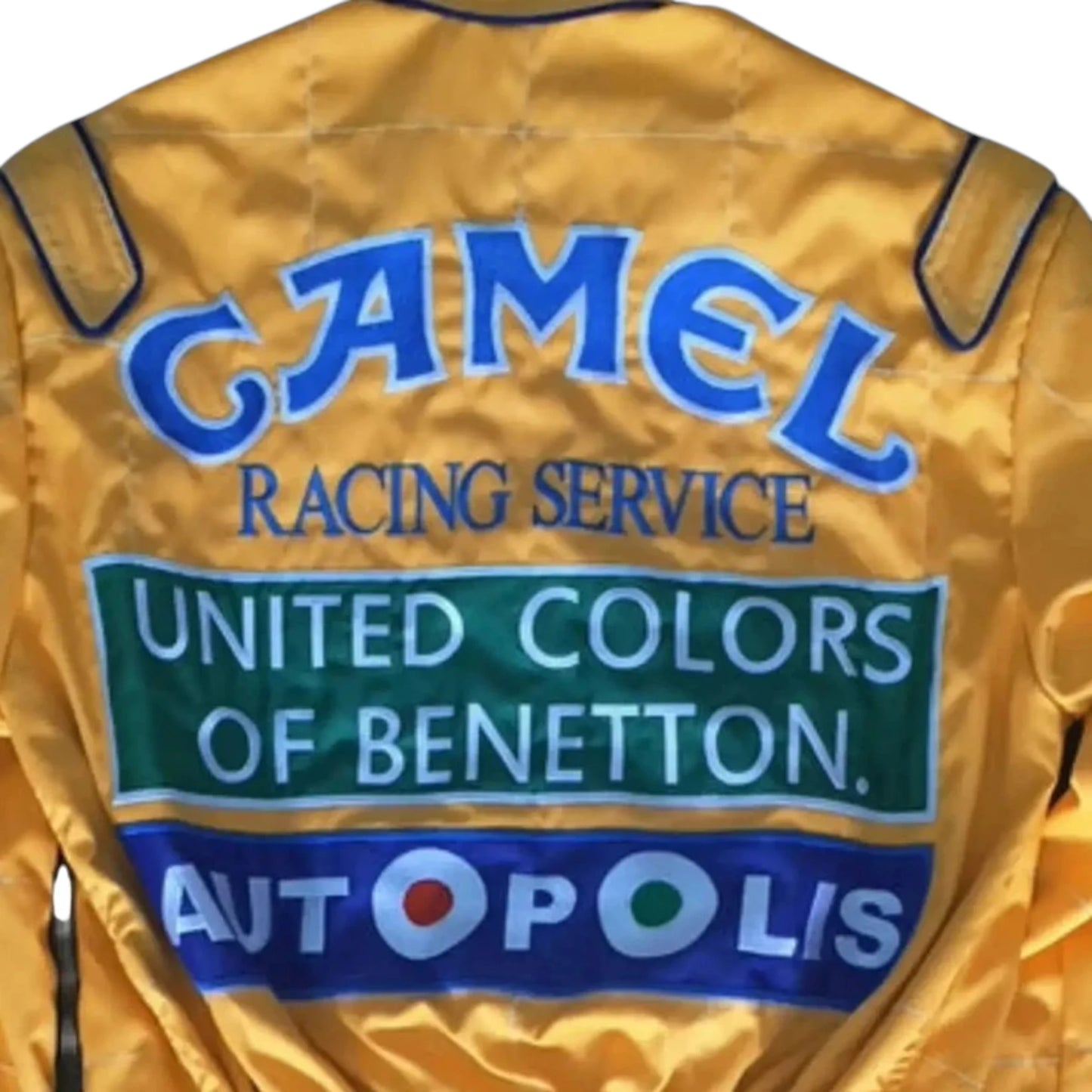 Michael Schumacher 1991 Benetton F1 Racing Suit featuring iconic yellow Benetton racing graphics and authentic sponsor detailing