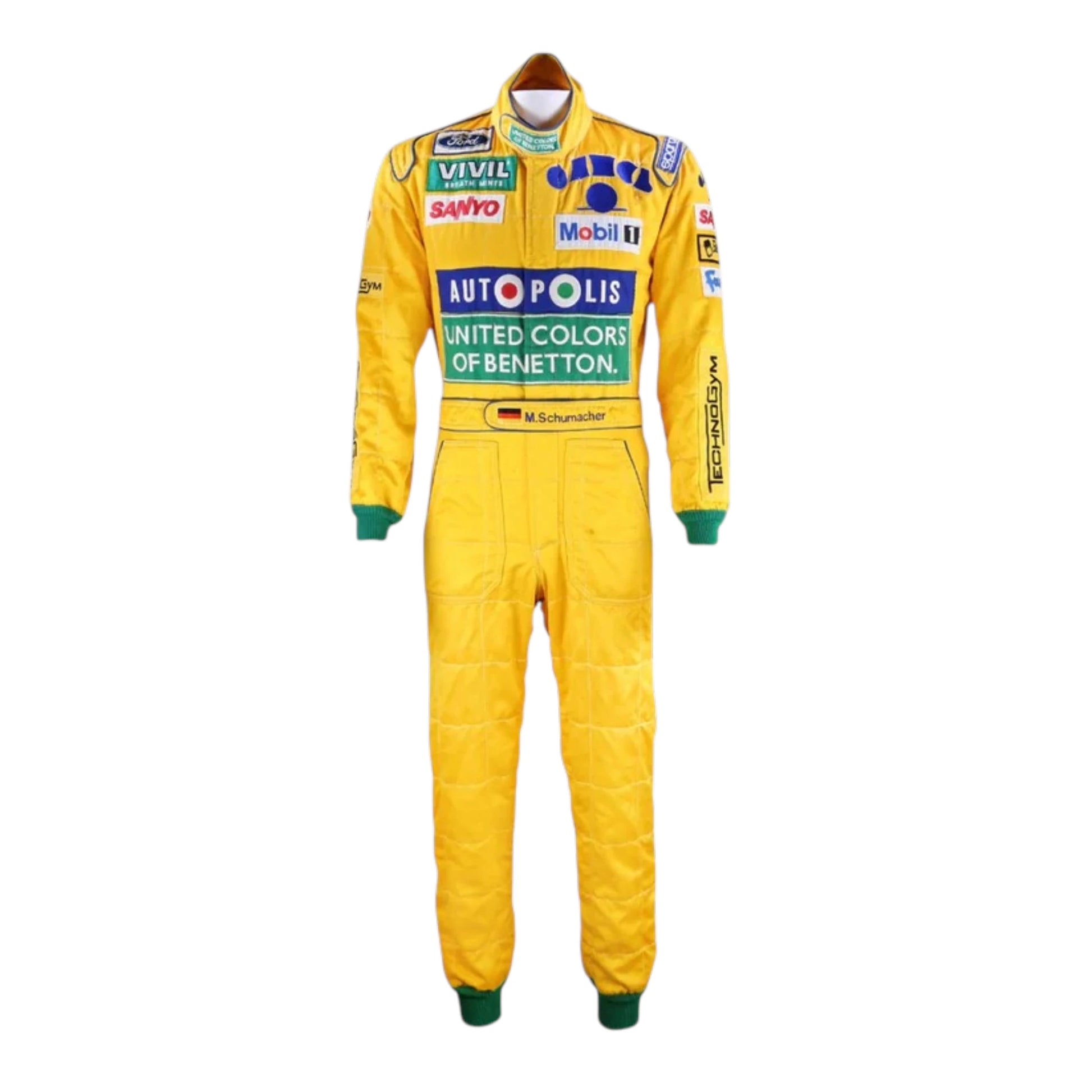 Michael Schumacher 1992 Benetton Belgian GP F1 Racing Suit featuring iconic yellow Benetton racing graphics and authentic sponsor detailing
