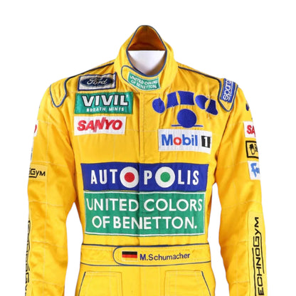Michael Schumacher 1992 Benetton Belgian GP F1 Racing Suit featuring iconic yellow Benetton racing graphics and authentic sponsor detailing