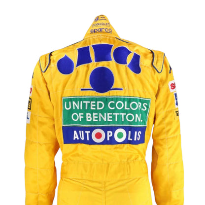 Michael Schumacher 1992 Benetton Belgian GP F1 Racing Suit featuring iconic yellow Benetton racing graphics and authentic sponsor detailing
