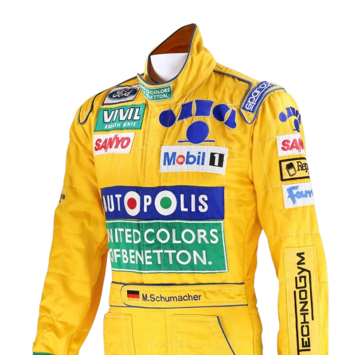 Michael Schumacher 1992 Benetton Belgian GP F1 Racing Suit featuring iconic yellow Benetton racing graphics and authentic sponsor detailing