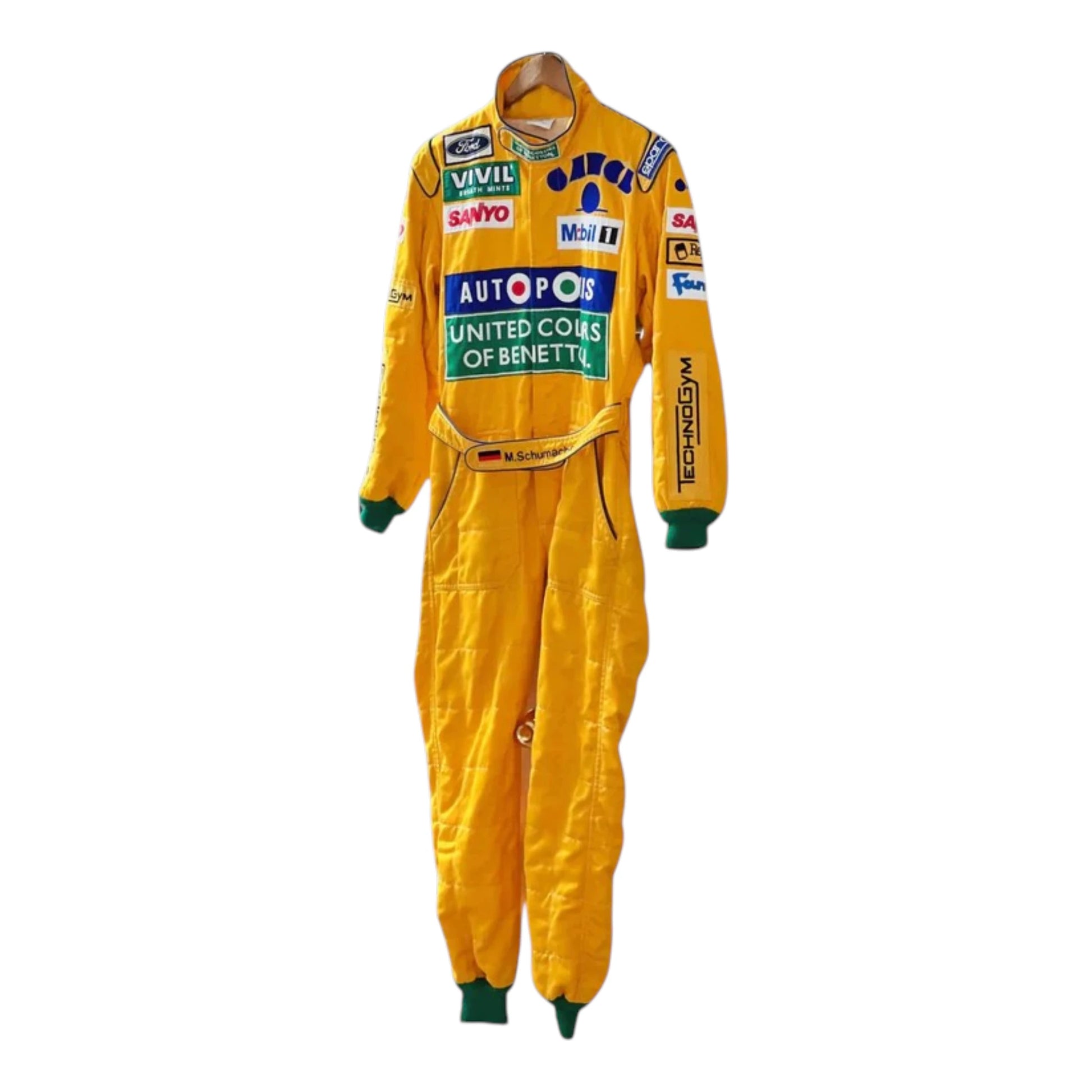 Michael Schumacher 1992 Benetton Belgian GP F1 Racing Suit featuring iconic yellow Benetton racing graphics and authentic sponsor detailing