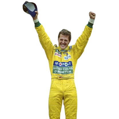 Michael Schumacher 1992 Benetton Belgian GP F1 Racing Suit featuring iconic yellow Benetton racing graphics and authentic sponsor detailing