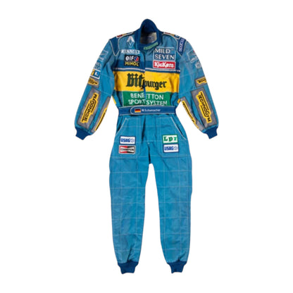 Michael Schumacher 1995 Benetton F1 Racing Suit featuring iconic blue Benetton racing graphics and authentic sponsor detailing