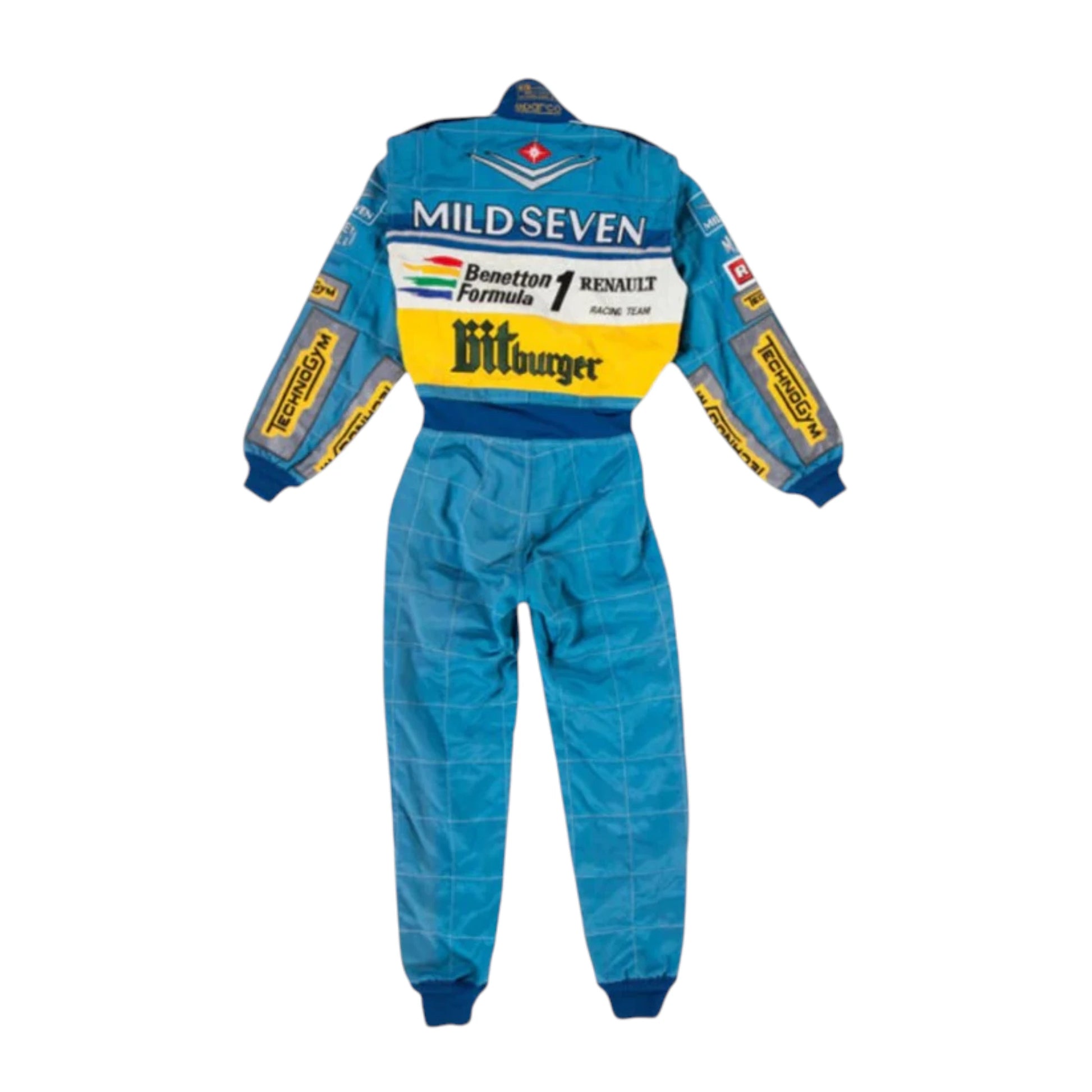 Michael Schumacher 1995 Benetton F1 Racing Suit featuring iconic blue Benetton racing graphics and authentic sponsor detailing