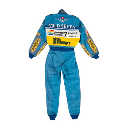 Michael Schumacher 1995 Benetton F1 Racing Suit featuring iconic blue Benetton racing graphics and authentic sponsor detailing