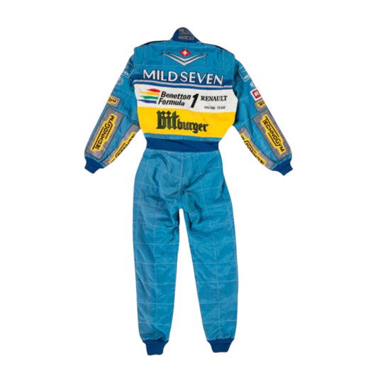 Michael Schumacher 1995 Benetton F1 Racing Suit featuring iconic blue Benetton racing graphics and authentic sponsor detailing