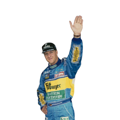 Michael Schumacher 1995 Benetton F1 Racing Suit featuring iconic blue Benetton racing graphics and authentic sponsor detailing