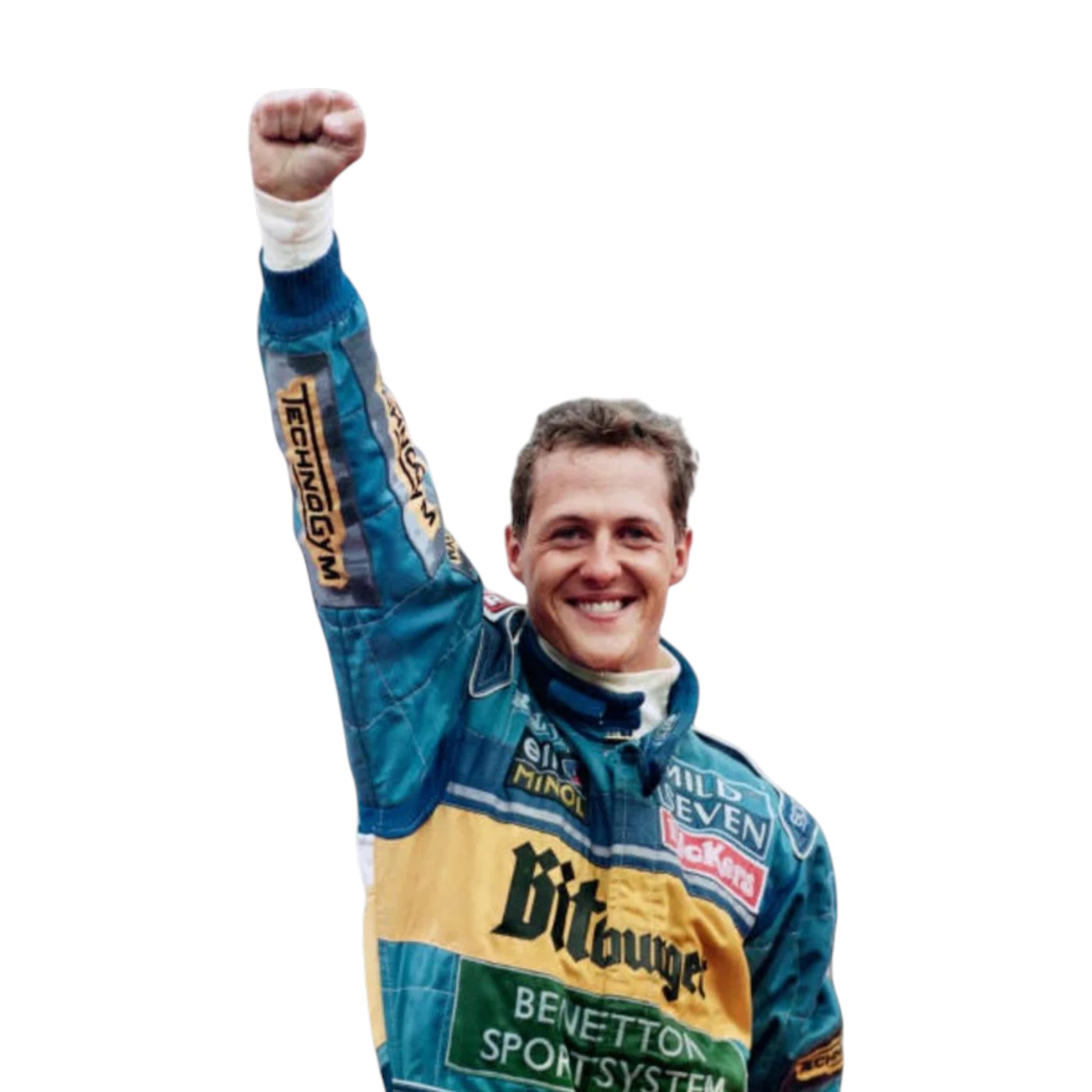 Michael Schumacher 1995 Benetton F1 Racing Suit featuring iconic blue Benetton racing graphics and authentic sponsor detailing