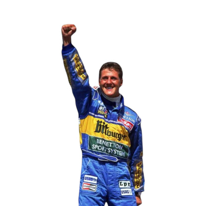 Michael Schumacher 1995 Benetton F1 Racing Suit featuring iconic blue Benetton racing graphics and authentic sponsor detailing