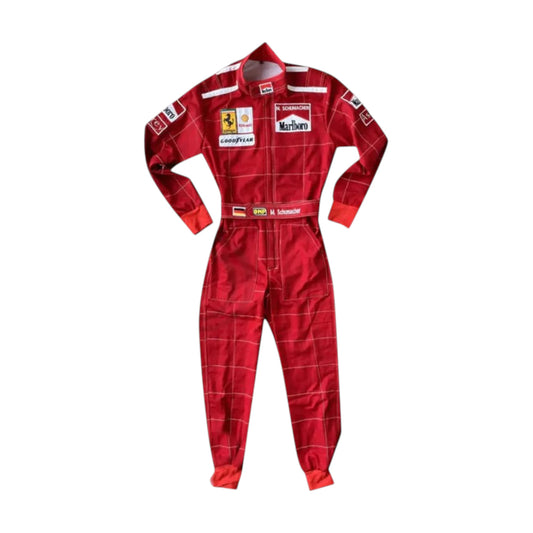 Michael Schumacher 1996 Ferrari F1 Racing Suit featuring iconic red Ferrari racing graphics and authentic sponsor detailing