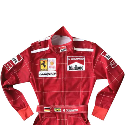 Michael Schumacher 1996 Ferrari F1 Racing Suit featuring iconic red Ferrari racing graphics and authentic sponsor detailing