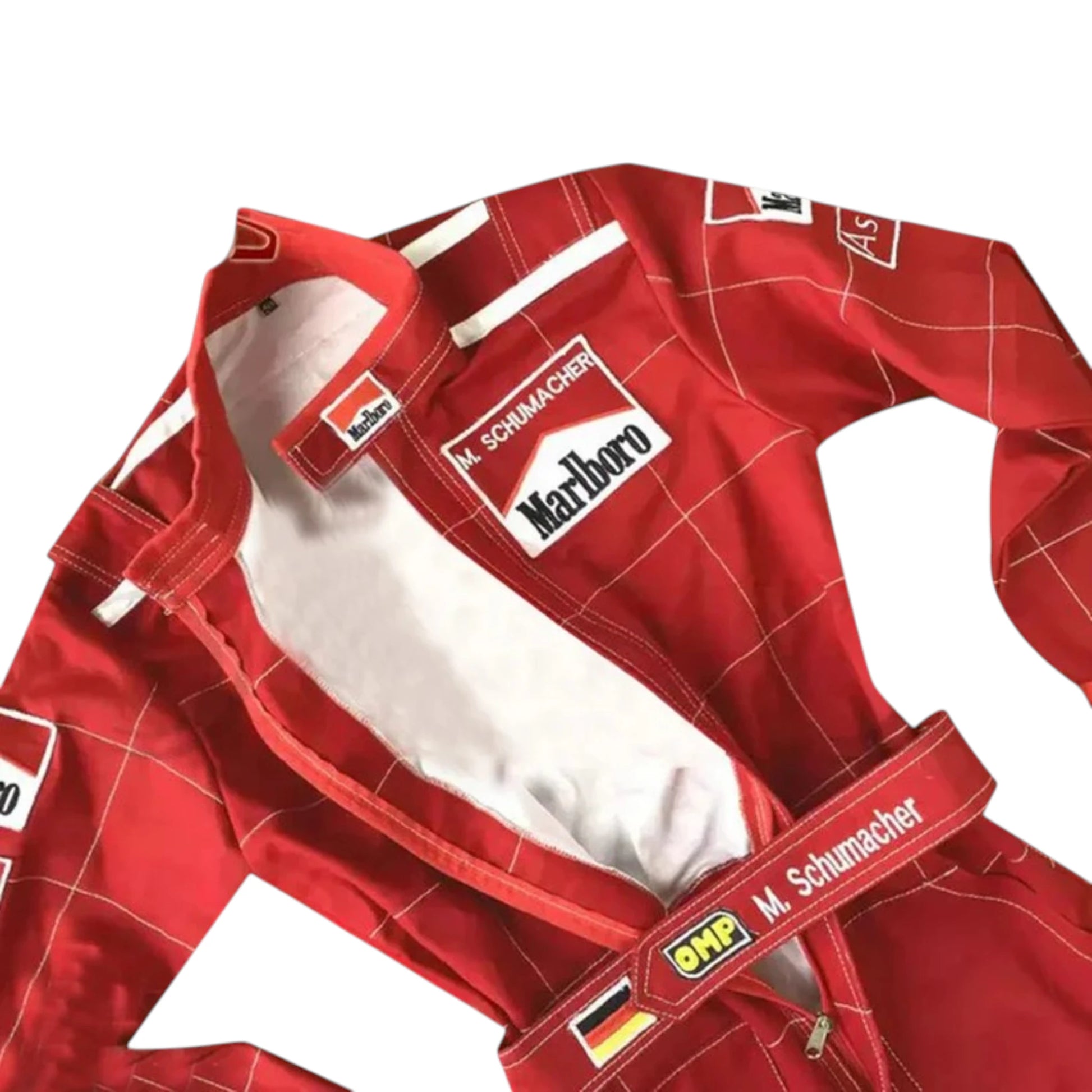 Michael Schumacher 1996 Ferrari F1 Racing Suit featuring iconic red Ferrari racing graphics and authentic sponsor detailing