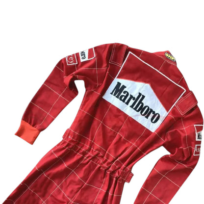 Michael Schumacher 1996 Ferrari F1 Racing Suit featuring iconic red Ferrari racing graphics and authentic sponsor detailing