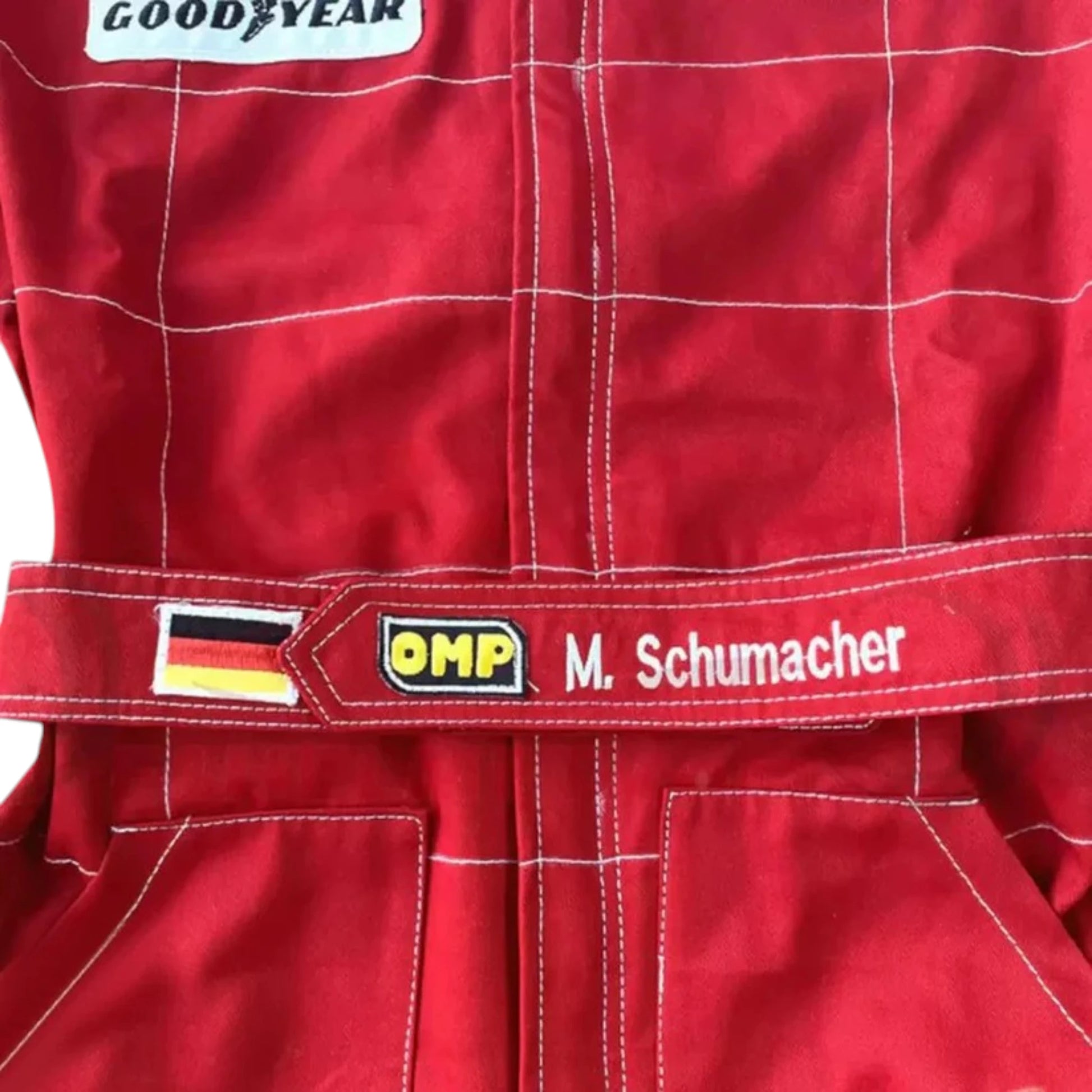 Michael Schumacher 1996 Ferrari F1 Racing Suit featuring iconic red Ferrari racing graphics and authentic sponsor detailing