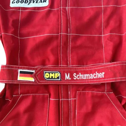 Michael Schumacher 1996 Ferrari F1 Racing Suit featuring iconic red Ferrari racing graphics and authentic sponsor detailing