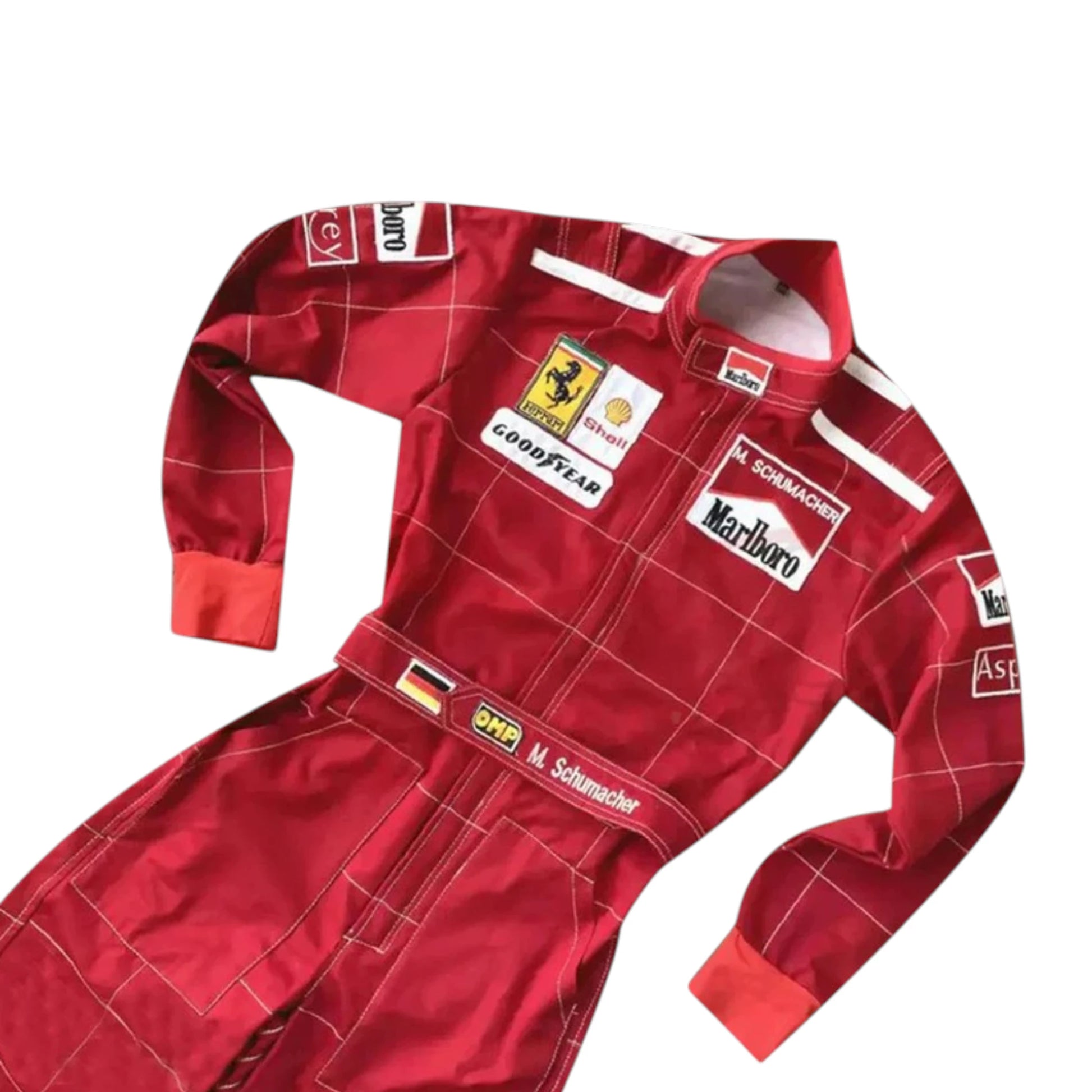 Michael Schumacher 1996 Ferrari F1 Racing Suit featuring iconic red Ferrari racing graphics and authentic sponsor detailing
