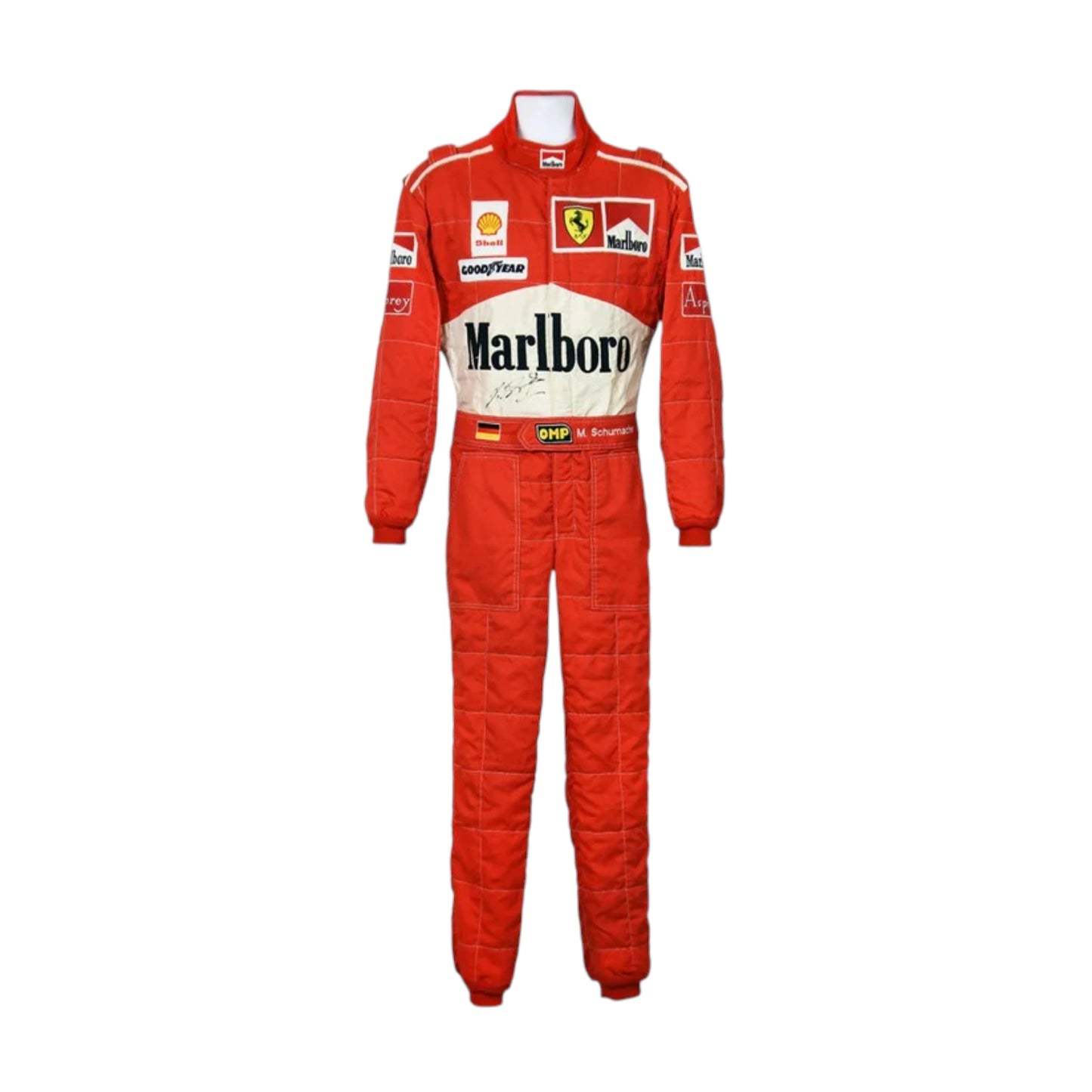 Michael Schumacher 1997 Ferrari F1 Racing Suit featuring iconic red Ferrari racing graphics and authentic sponsor detailing