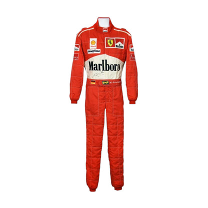 Michael Schumacher 1997 Ferrari F1 Racing Suit featuring iconic red Ferrari racing graphics and authentic sponsor detailing