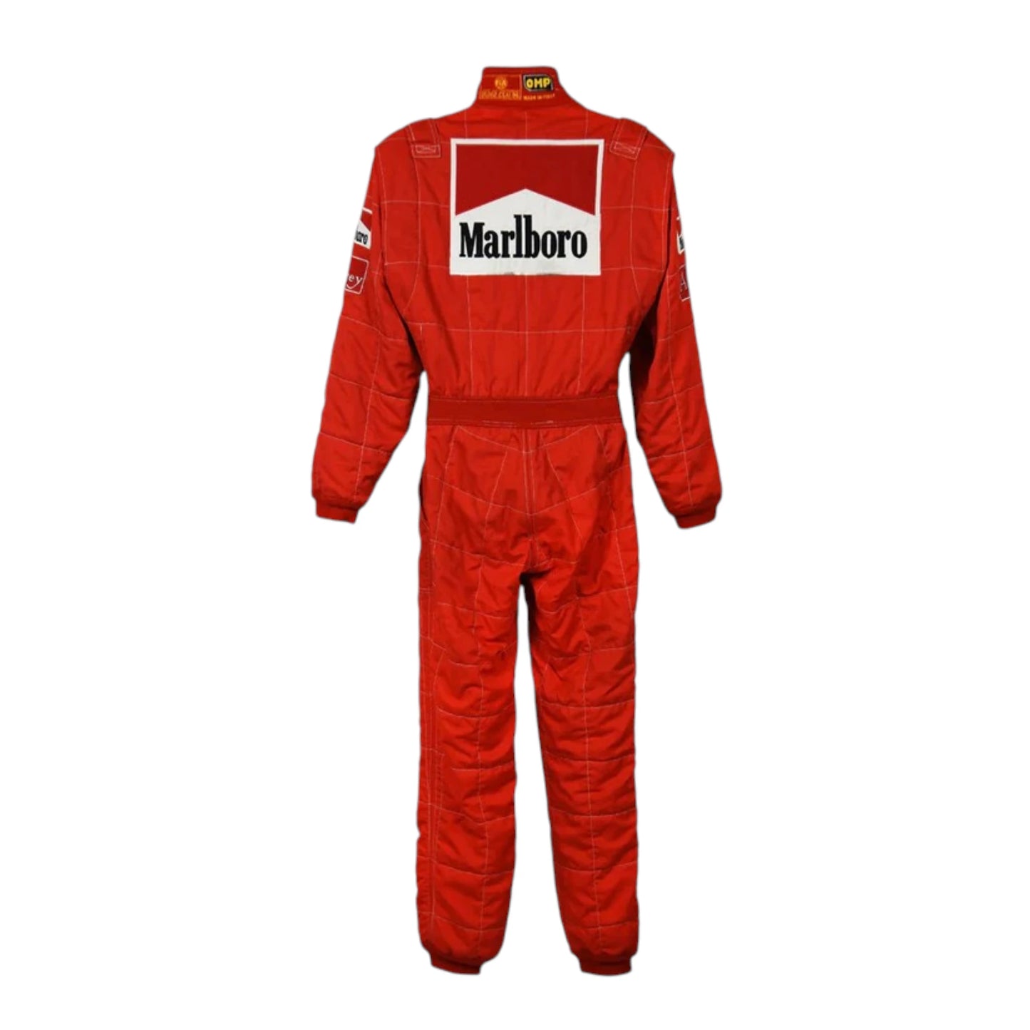 Michael Schumacher 1997 Ferrari F1 Racing Suit featuring iconic red Ferrari racing graphics and authentic sponsor detailing