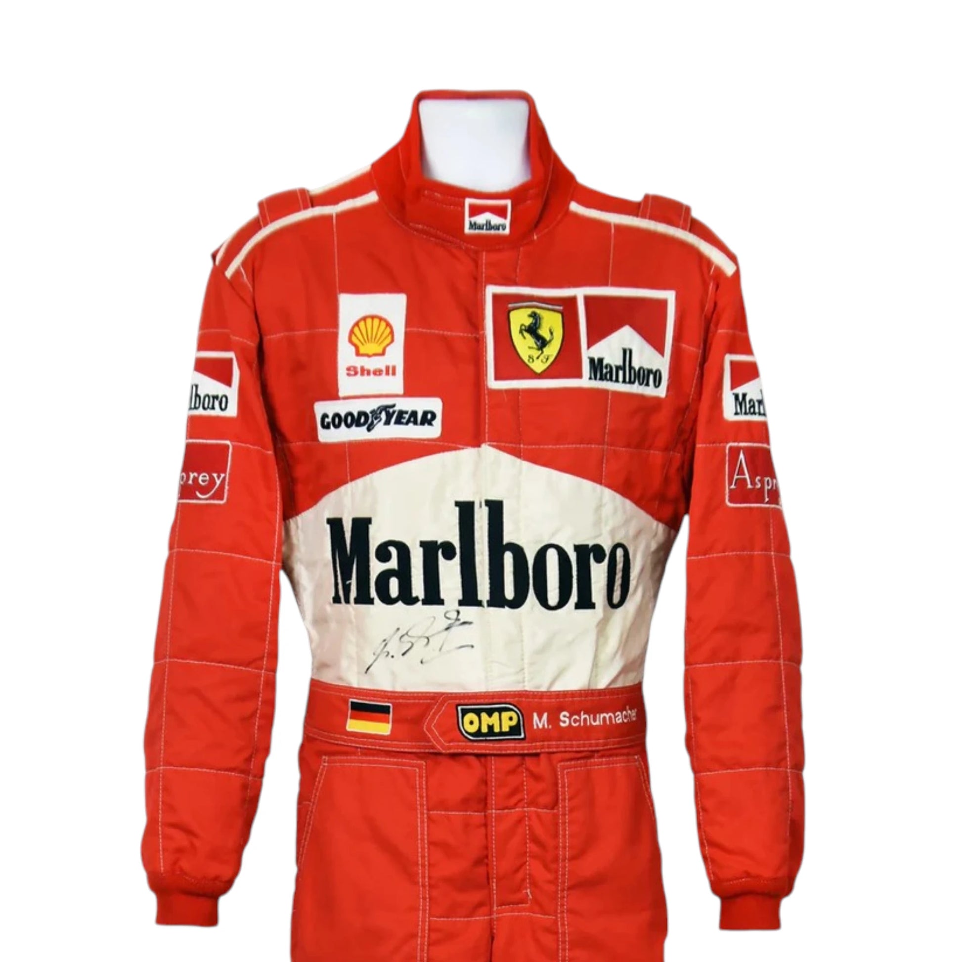 Michael Schumacher 1997 Ferrari F1 Racing Suit featuring iconic red Ferrari racing graphics and authentic sponsor detailing