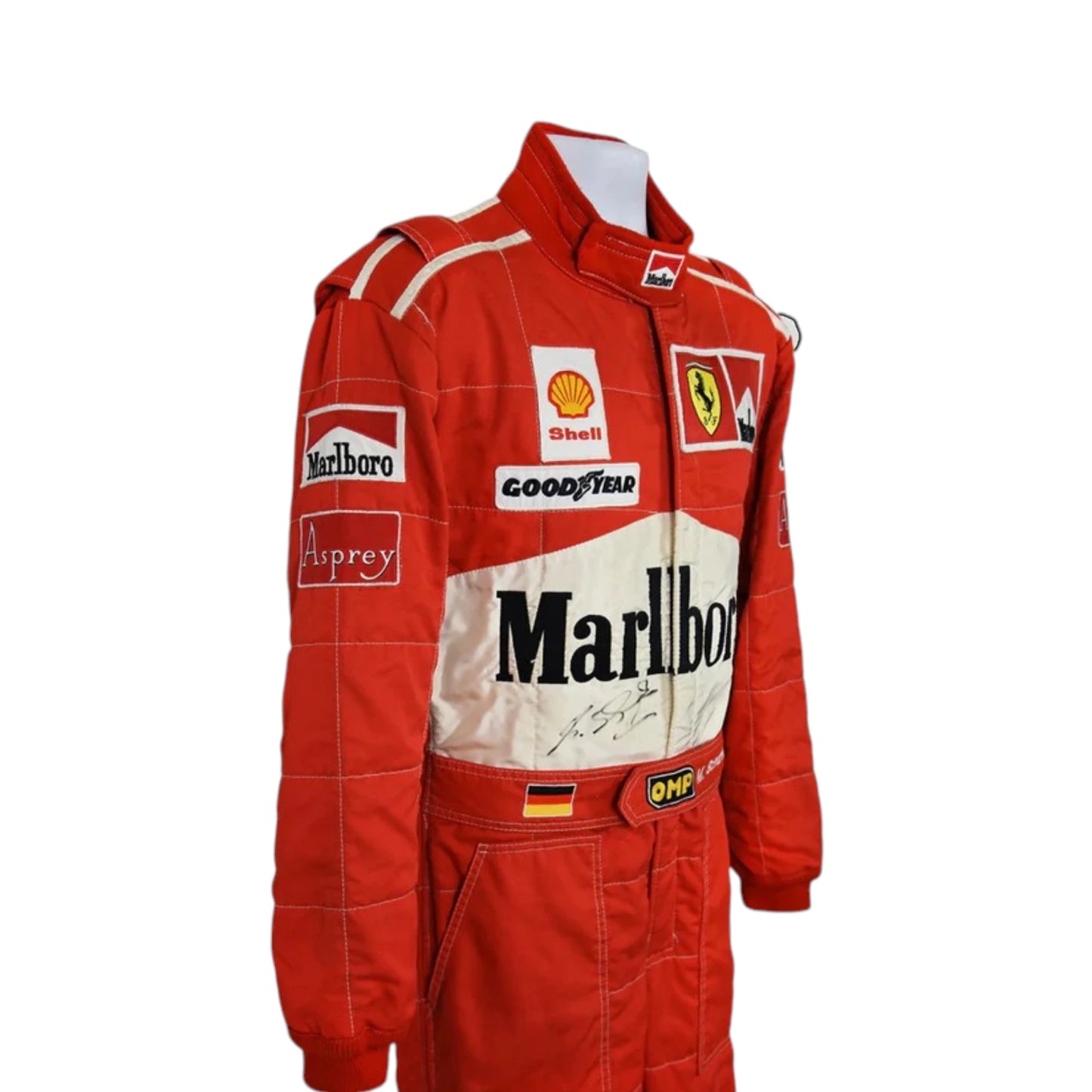 Michael Schumacher 1997 Ferrari F1 Racing Suit featuring iconic red Ferrari racing graphics and authentic sponsor detailing