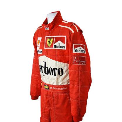 Michael Schumacher 1997 Ferrari F1 Racing Suit featuring iconic red Ferrari racing graphics and authentic sponsor detailing