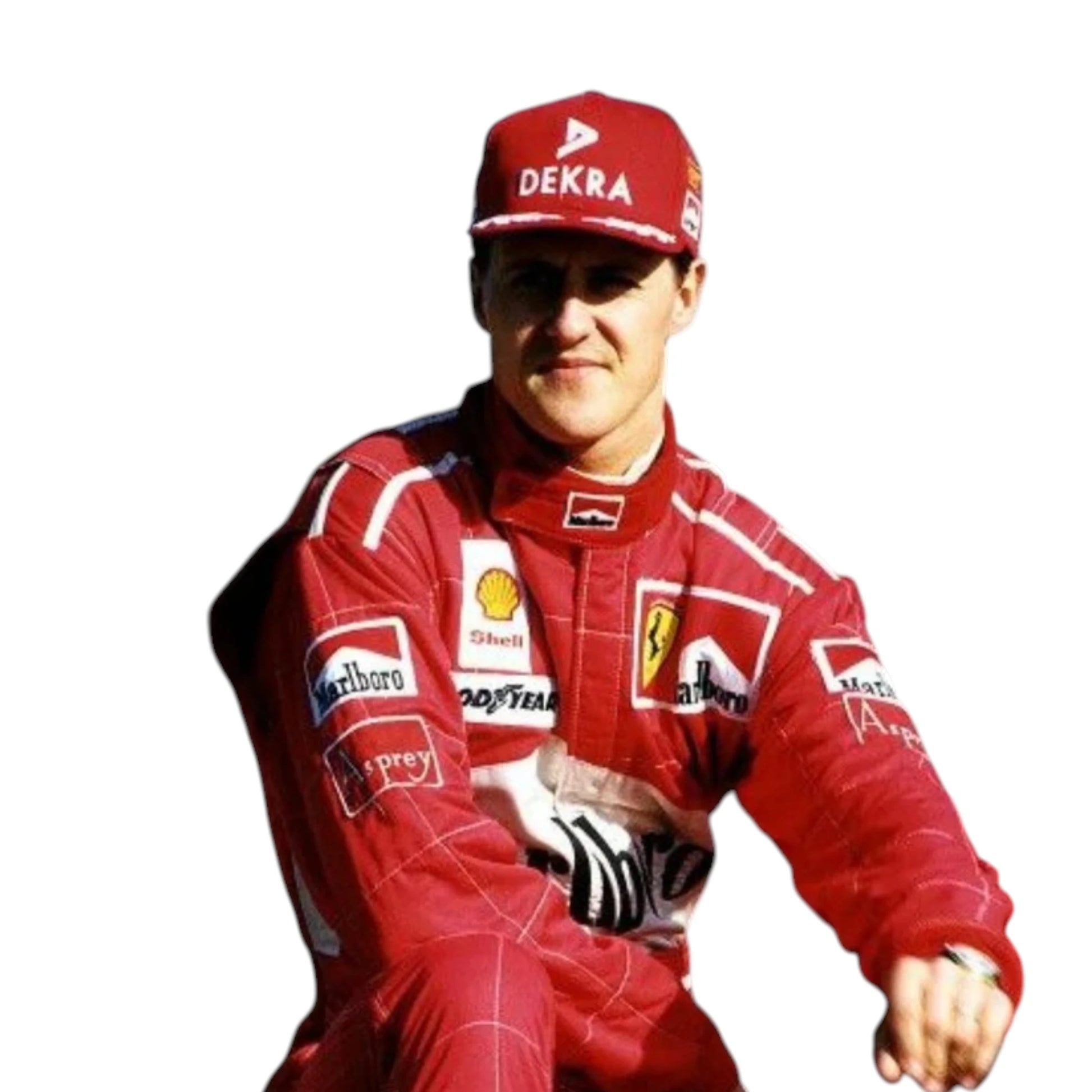 Michael Schumacher 1997 Ferrari F1 Racing Suit featuring iconic red Ferrari racing graphics and authentic sponsor detailing