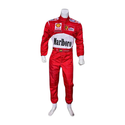 Michael Schumacher 2000 Ferrari F1 Racing Suit featuring iconic red Ferrari racing graphics and authentic sponsor detailing