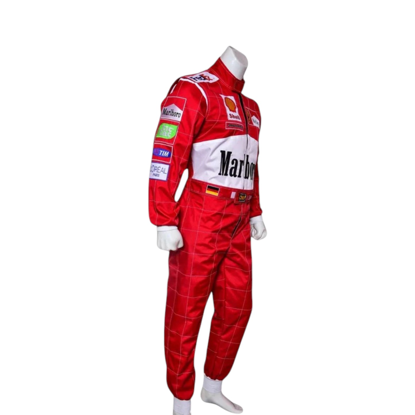 Michael Schumacher 2000 Ferrari F1 Racing Suit featuring iconic red Ferrari racing graphics and authentic sponsor detailing