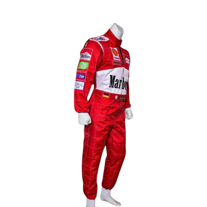 Michael Schumacher 2000 Ferrari F1 Racing Suit featuring iconic red Ferrari racing graphics and authentic sponsor detailing