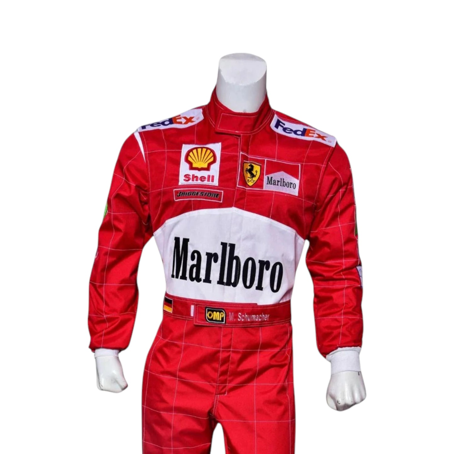 Michael Schumacher 2000 Ferrari F1 Racing Suit featuring iconic red Ferrari racing graphics and authentic sponsor detailing