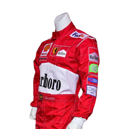 Michael Schumacher 2000 Ferrari F1 Racing Suit featuring iconic red Ferrari racing graphics and authentic sponsor detailing