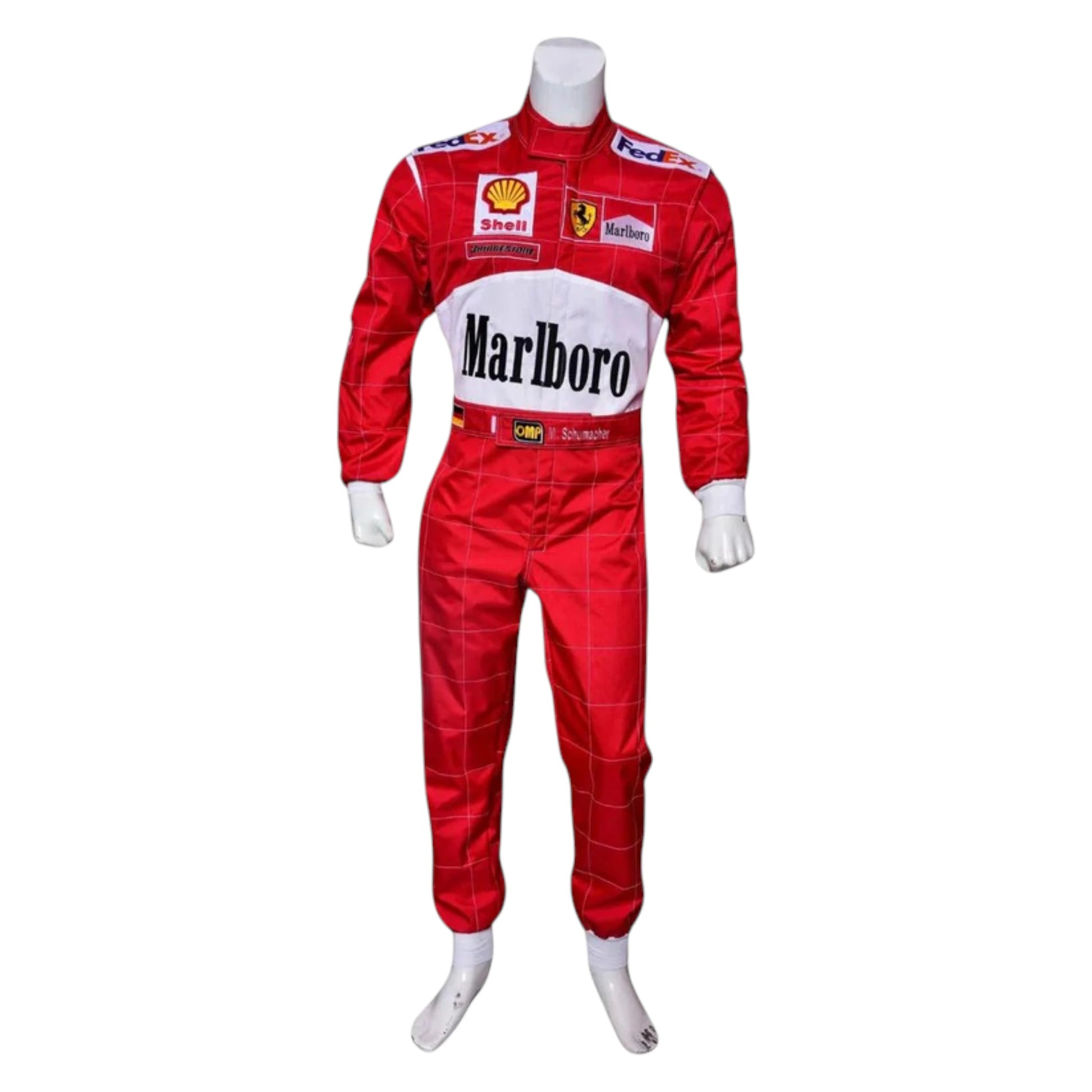 Michael Schumacher 2001 Ferrari Belgian GP F1 Racing Suit in red featuring iconic Ferrari racing graphics and authentic sponsor detailing