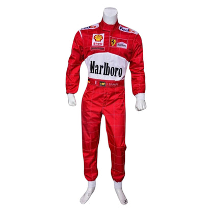 Michael Schumacher 2001 Ferrari Belgian GP F1 Racing Suit in red featuring iconic Ferrari racing graphics and authentic sponsor detailing