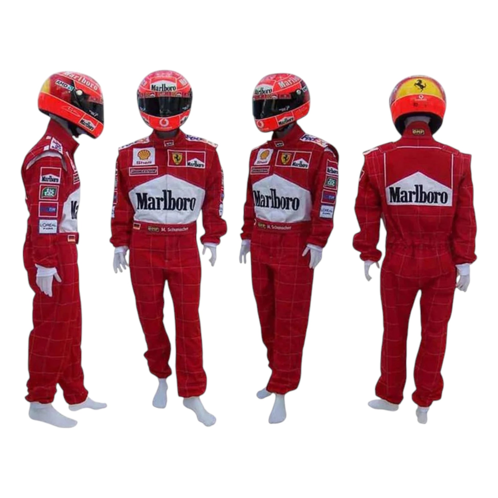 Michael Schumacher 2001 Ferrari Belgian GP F1 Racing Suit in red featuring iconic Ferrari racing graphics and authentic sponsor detailing