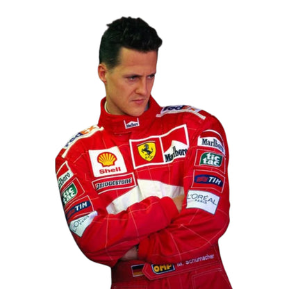 Michael Schumacher 2001 Ferrari Belgian GP F1 Racing Suit in red featuring iconic Ferrari racing graphics and authentic sponsor detailing