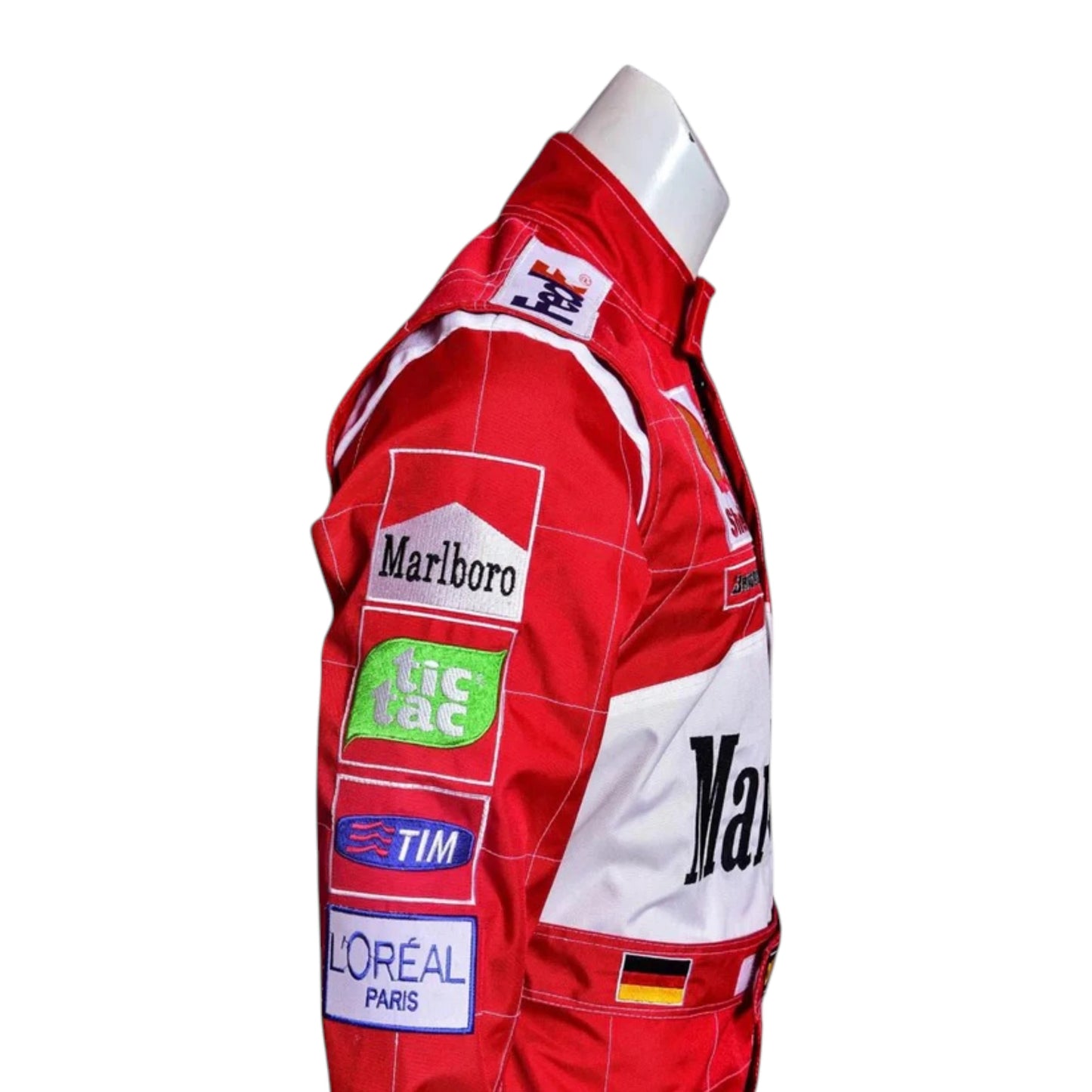Michael Schumacher 2001 Ferrari Belgian GP F1 Racing Suit in red featuring iconic Ferrari racing graphics and authentic sponsor detailing