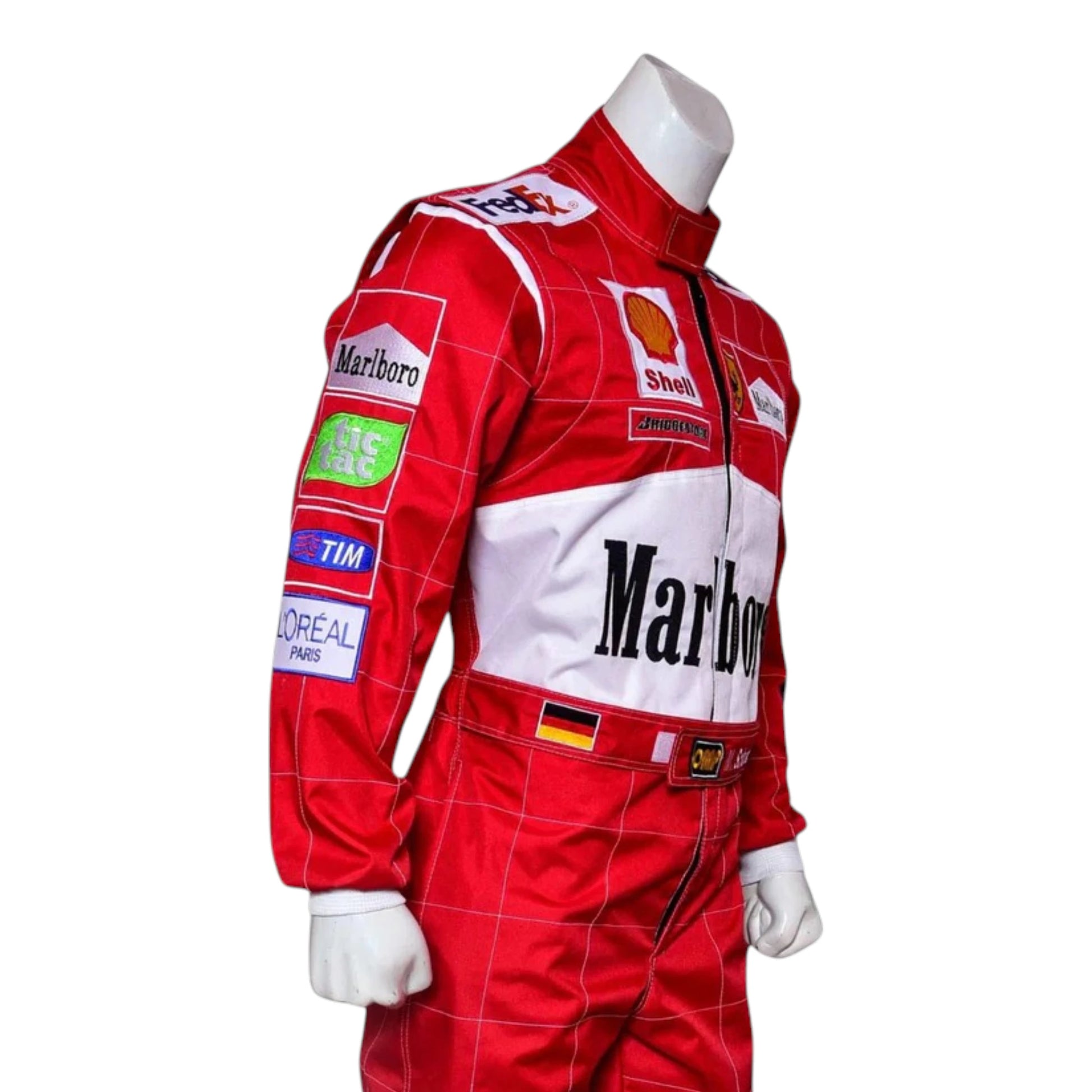Michael Schumacher 2001 Ferrari Belgian GP F1 Racing Suit in red featuring iconic Ferrari racing graphics and authentic sponsor detailing