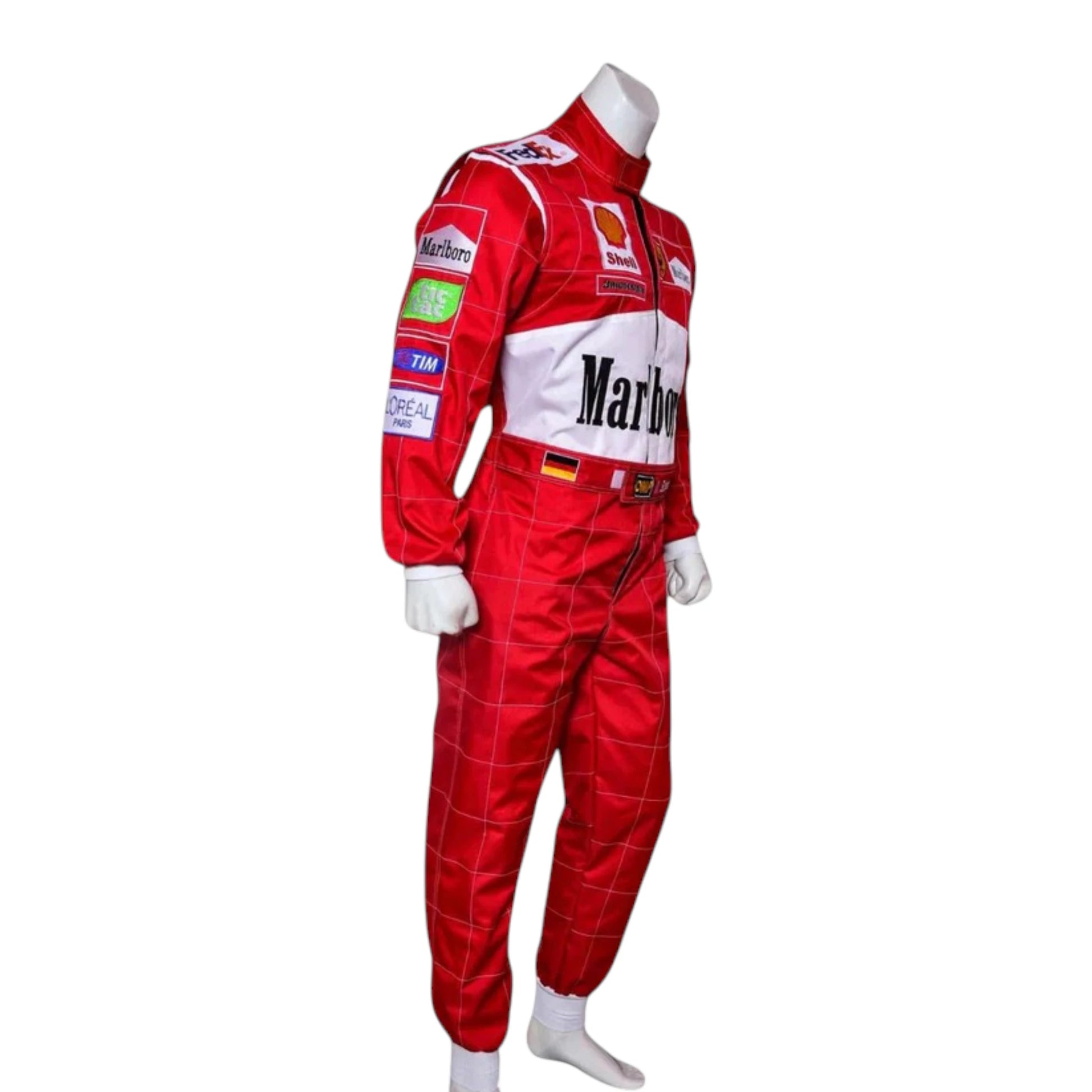 Michael Schumacher 2001 Ferrari Belgian GP F1 Racing Suit in red featuring iconic Ferrari racing graphics and authentic sponsor detailing