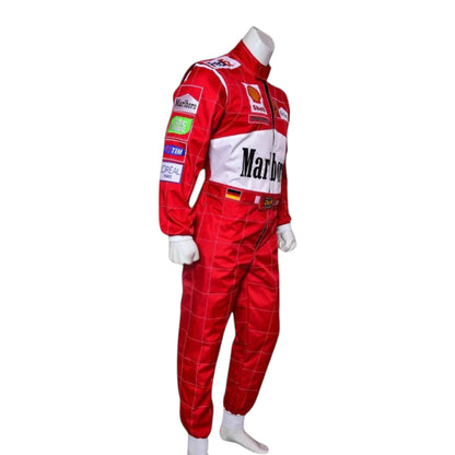 Michael Schumacher 2001 Ferrari Belgian GP F1 Racing Suit in red featuring iconic Ferrari racing graphics and authentic sponsor detailing
