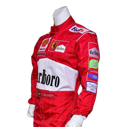 Michael Schumacher 2001 Ferrari Belgian GP F1 Racing Suit in red featuring iconic Ferrari racing graphics and authentic sponsor detailing
