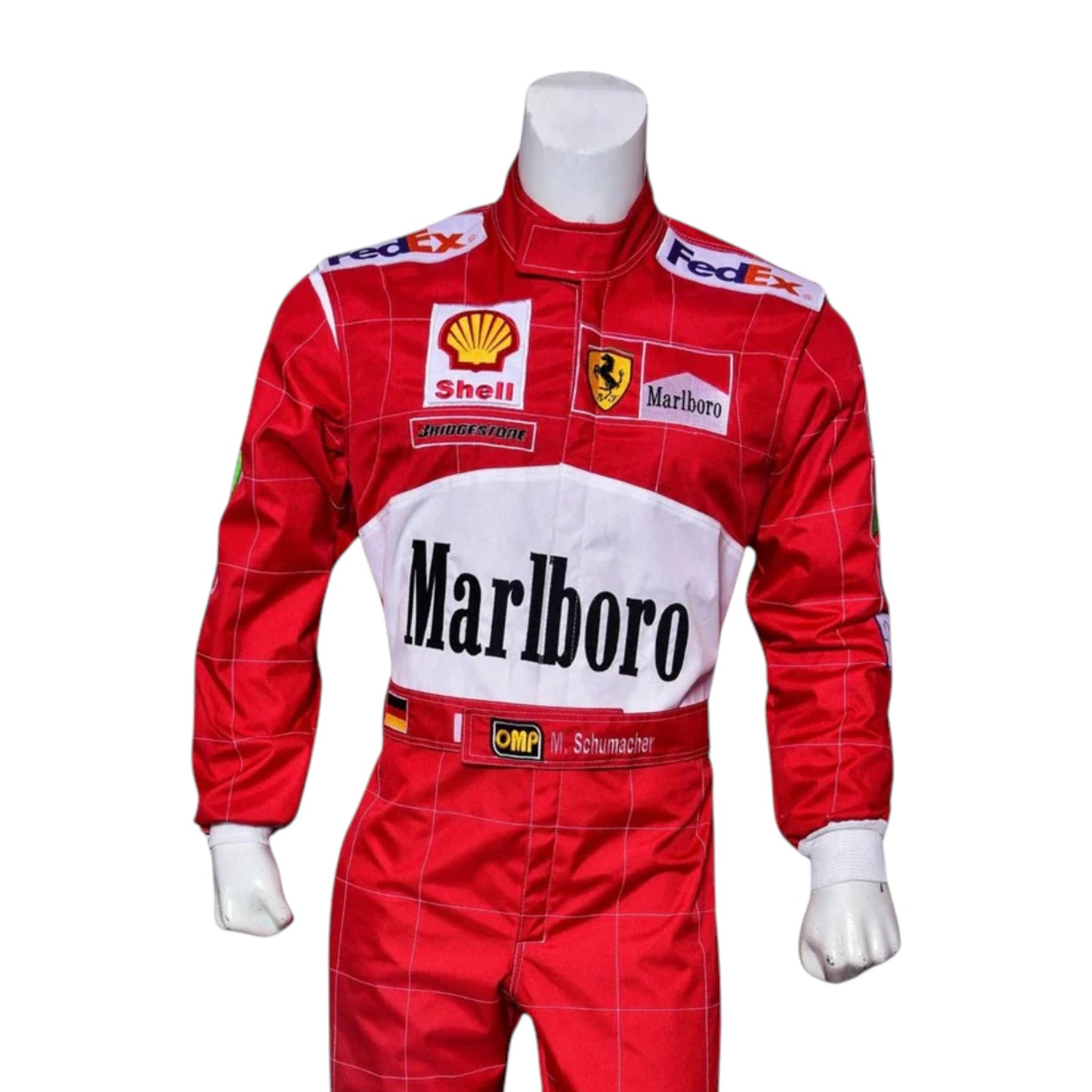 Michael Schumacher 2001 Ferrari Belgian GP F1 Racing Suit in red featuring iconic Ferrari racing graphics and authentic sponsor detailing