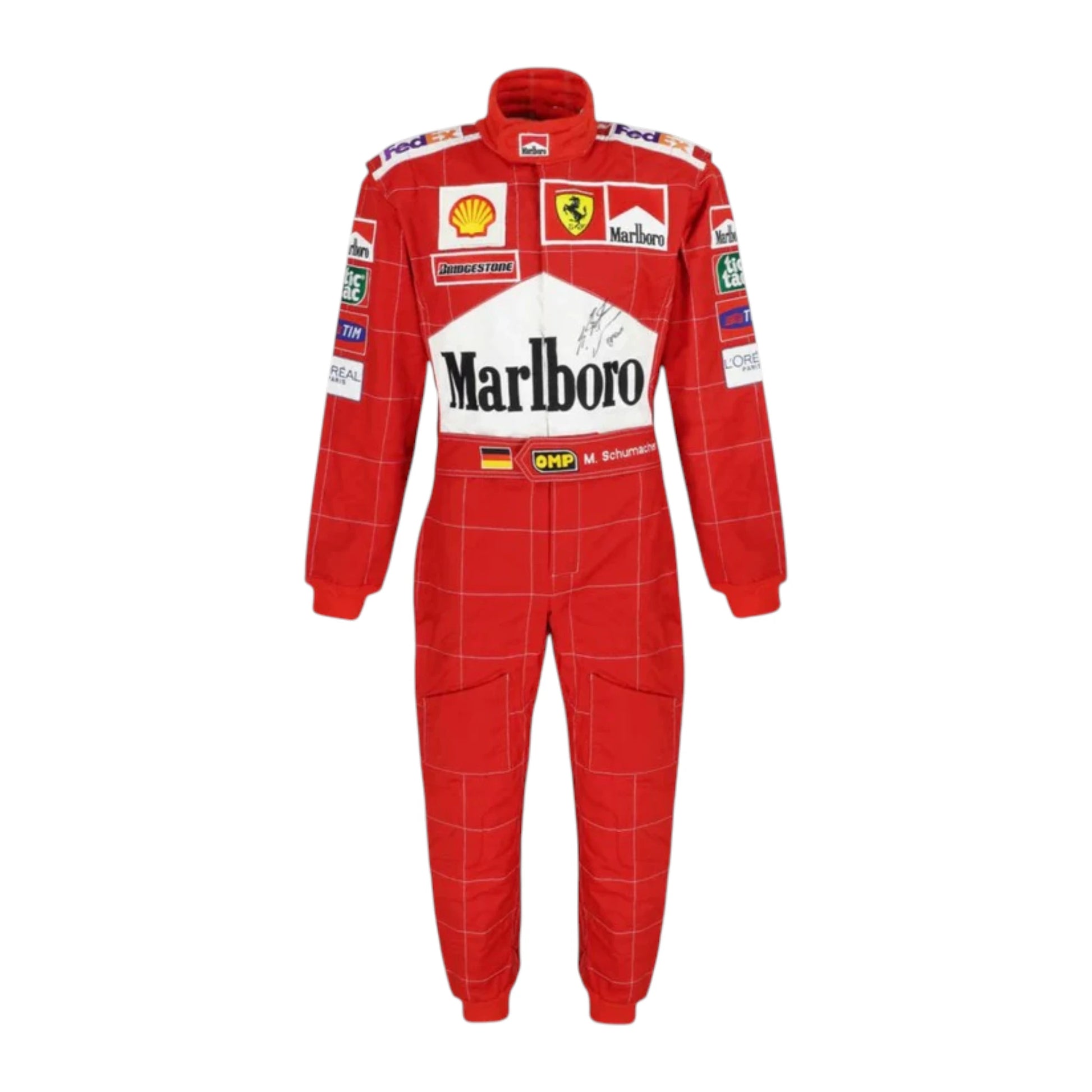 Michael Schumacher 2002 Ferrari F1 Racing Suit in red featuring iconic Ferrari racing graphics and authentic sponsor detailing