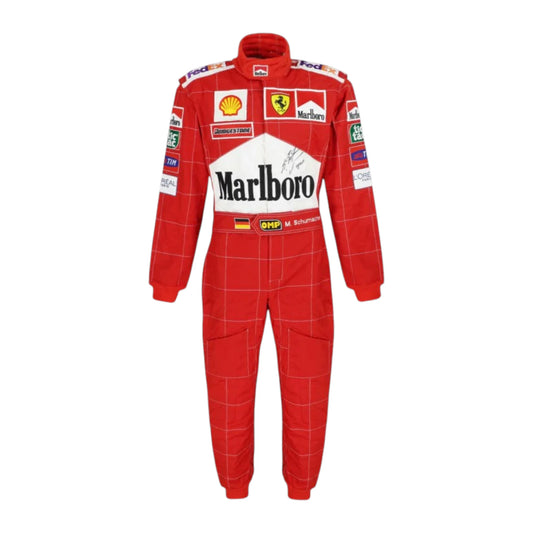 Michael Schumacher 2002 Ferrari F1 Racing Suit in red featuring iconic Ferrari racing graphics and authentic sponsor detailing
