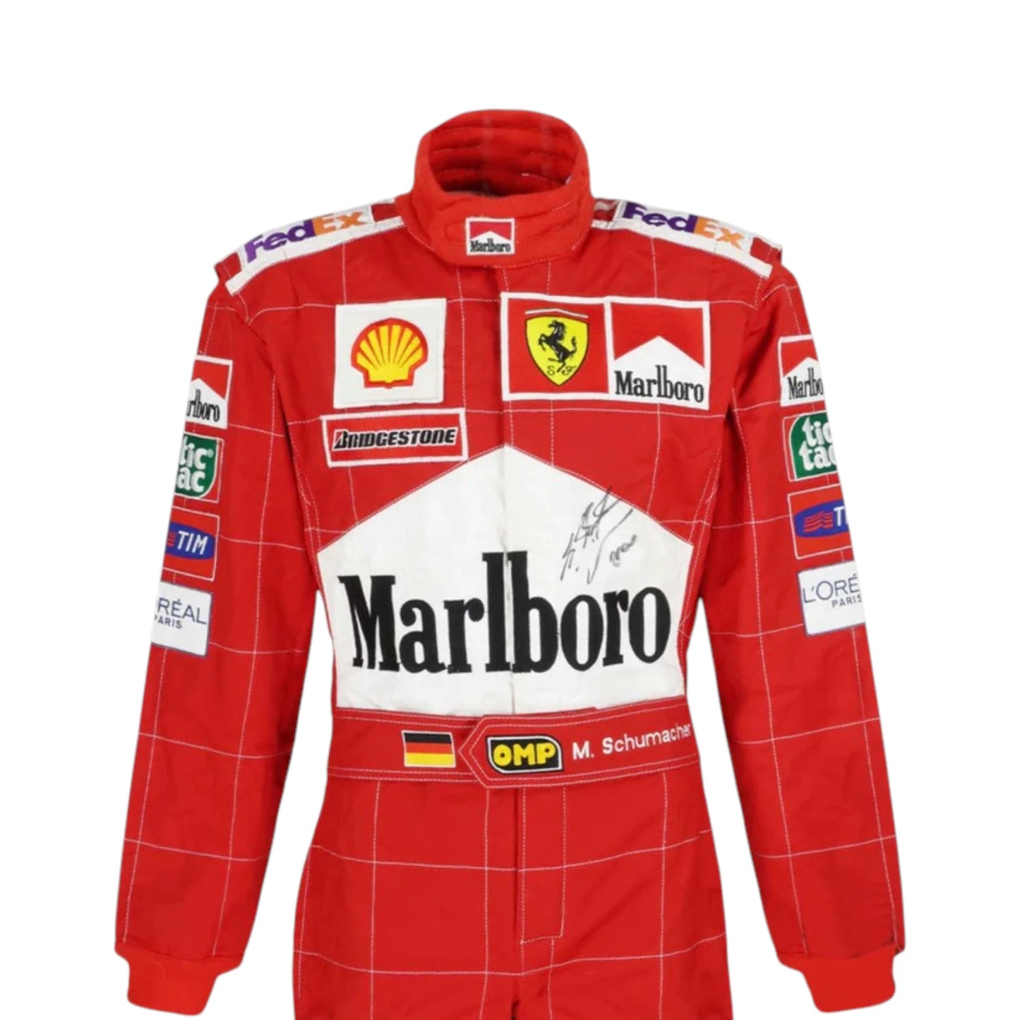 Michael Schumacher 2002 Ferrari F1 Racing Suit in red featuring iconic Ferrari racing graphics and authentic sponsor detailing
