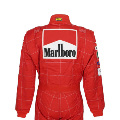 Michael Schumacher 2002 Ferrari F1 Racing Suit in red featuring iconic Ferrari racing graphics and authentic sponsor detailing