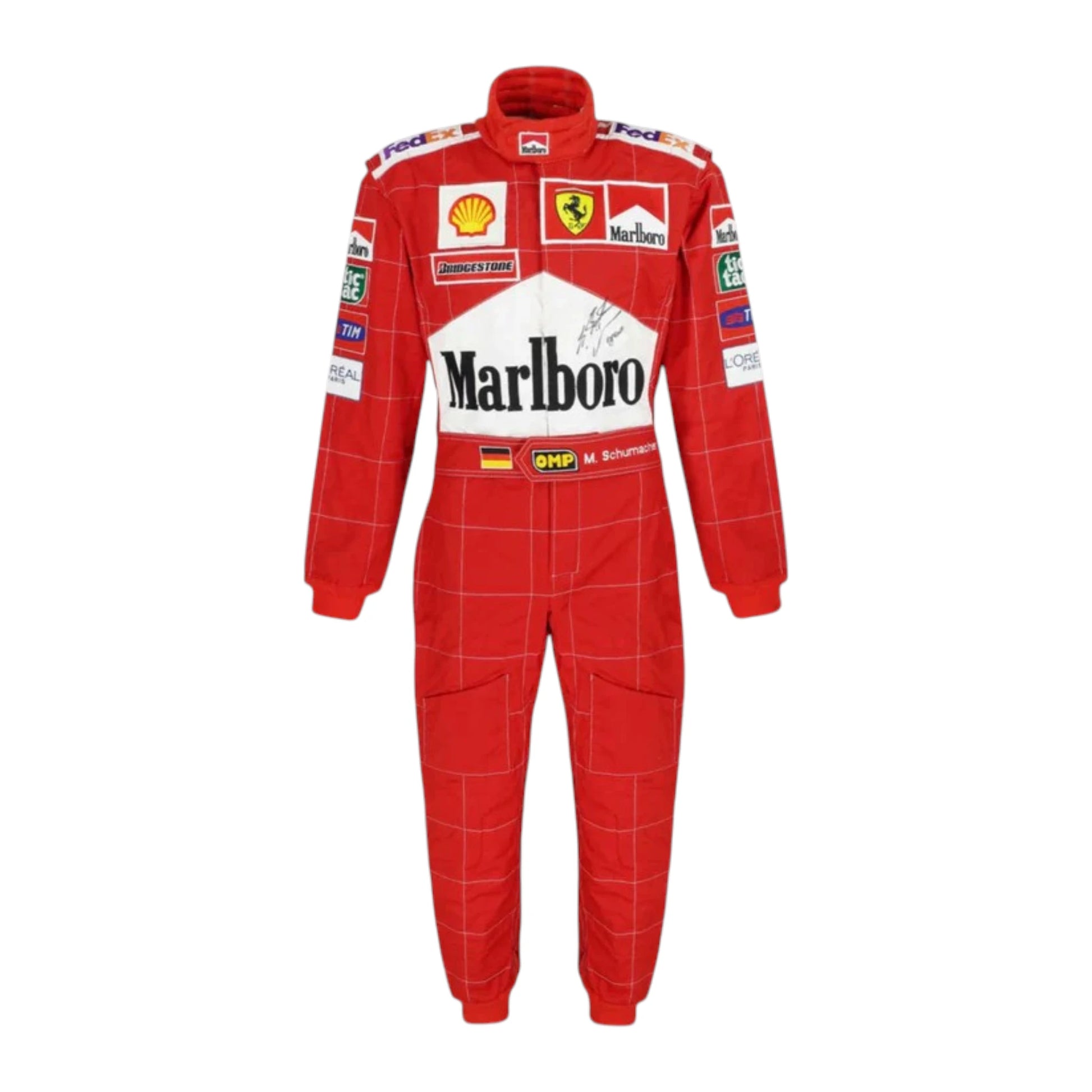 Michael Schumacher 2004 Ferrari F1 Racing Suit in red featuring iconic Ferrari racing graphics and authentic sponsor detailing